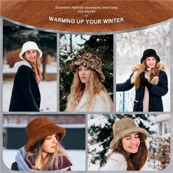 Women\'s Faux Fur Winter Bucket Hat Fluffy Warm Hat Furry Cap, Brown main image 6